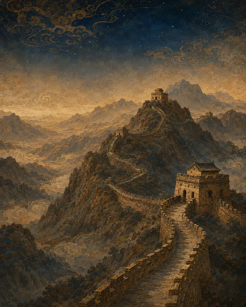 Interpretive artwork of the Great Wall in a mountain landscape