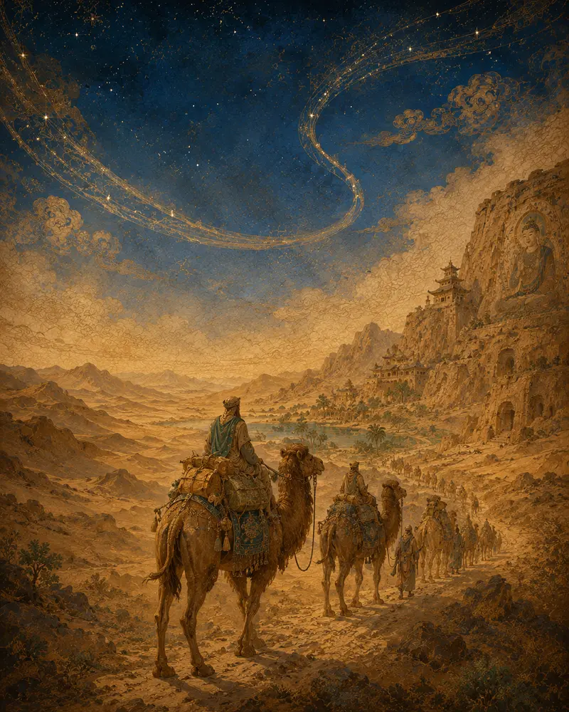 Interpretive artwork of a caravan in a Silk Roads landscape