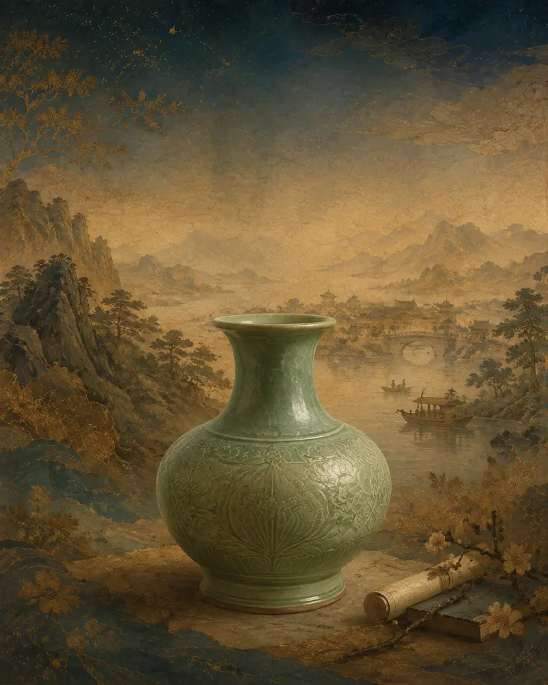 Song-inspired ceramic vessel in an interpretive historical landscape