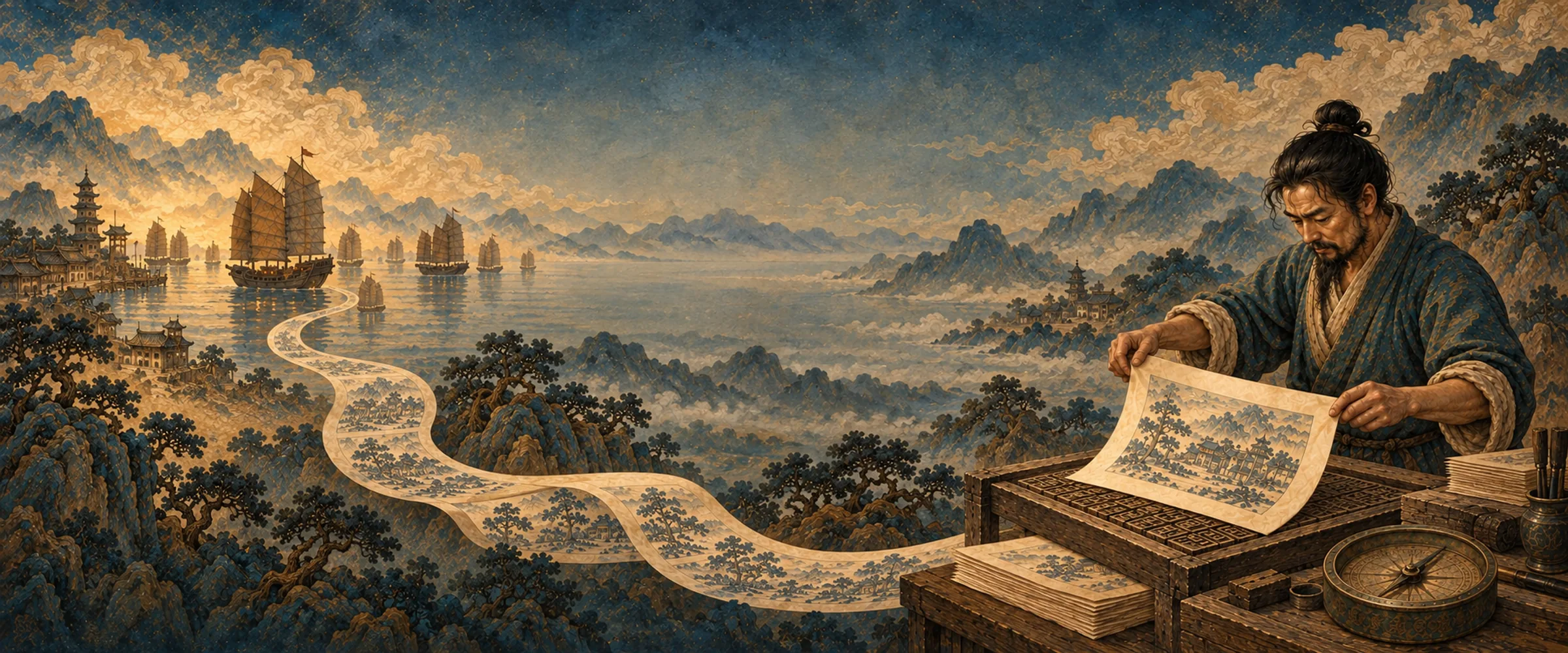 Chinese inventions mural with a flowing paper ribbon and sailing ships on the left, and a printer lifting a sheet on the right