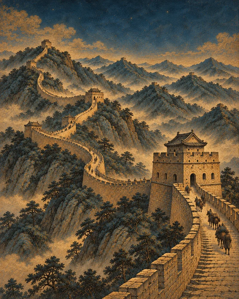 Great Wall watchtowers winding through misty blue mountains in an ochre mural