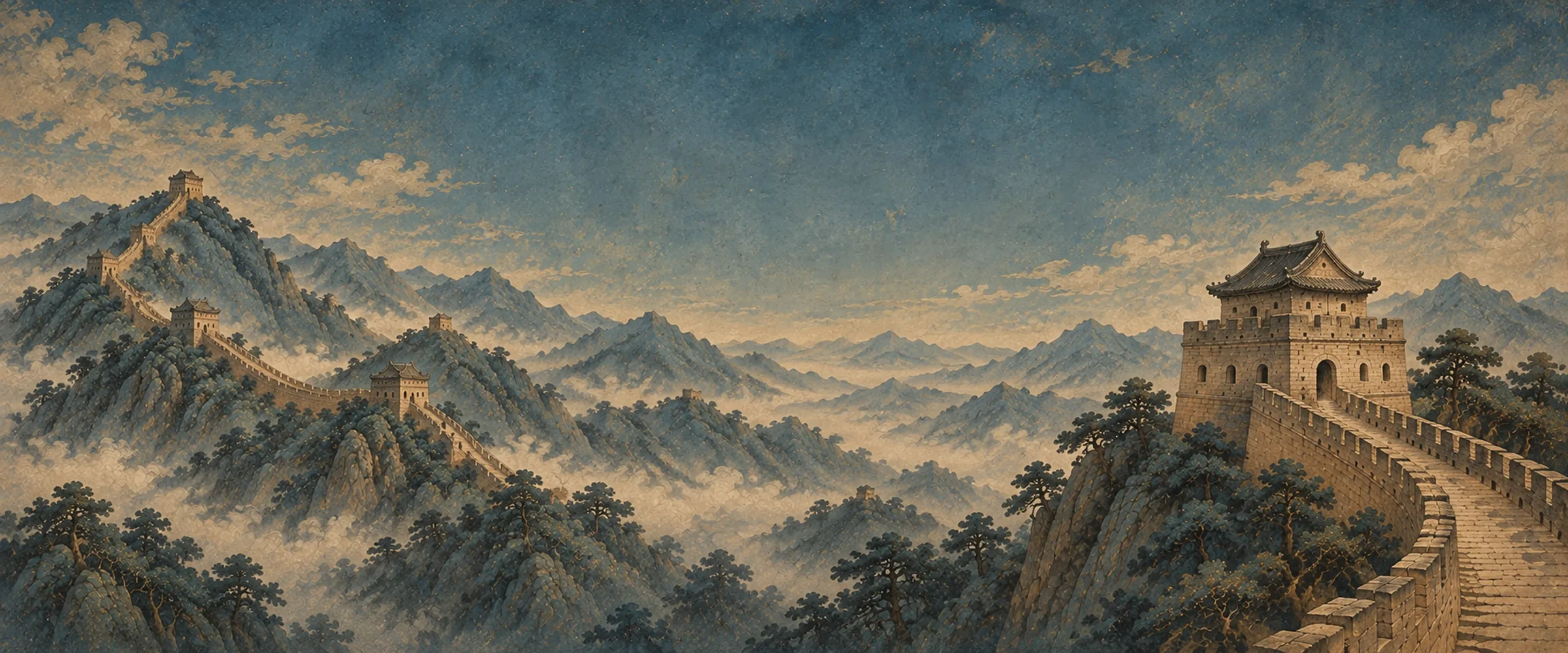 Great Wall mural with a sandstone watchtower and walls winding through misty mountains