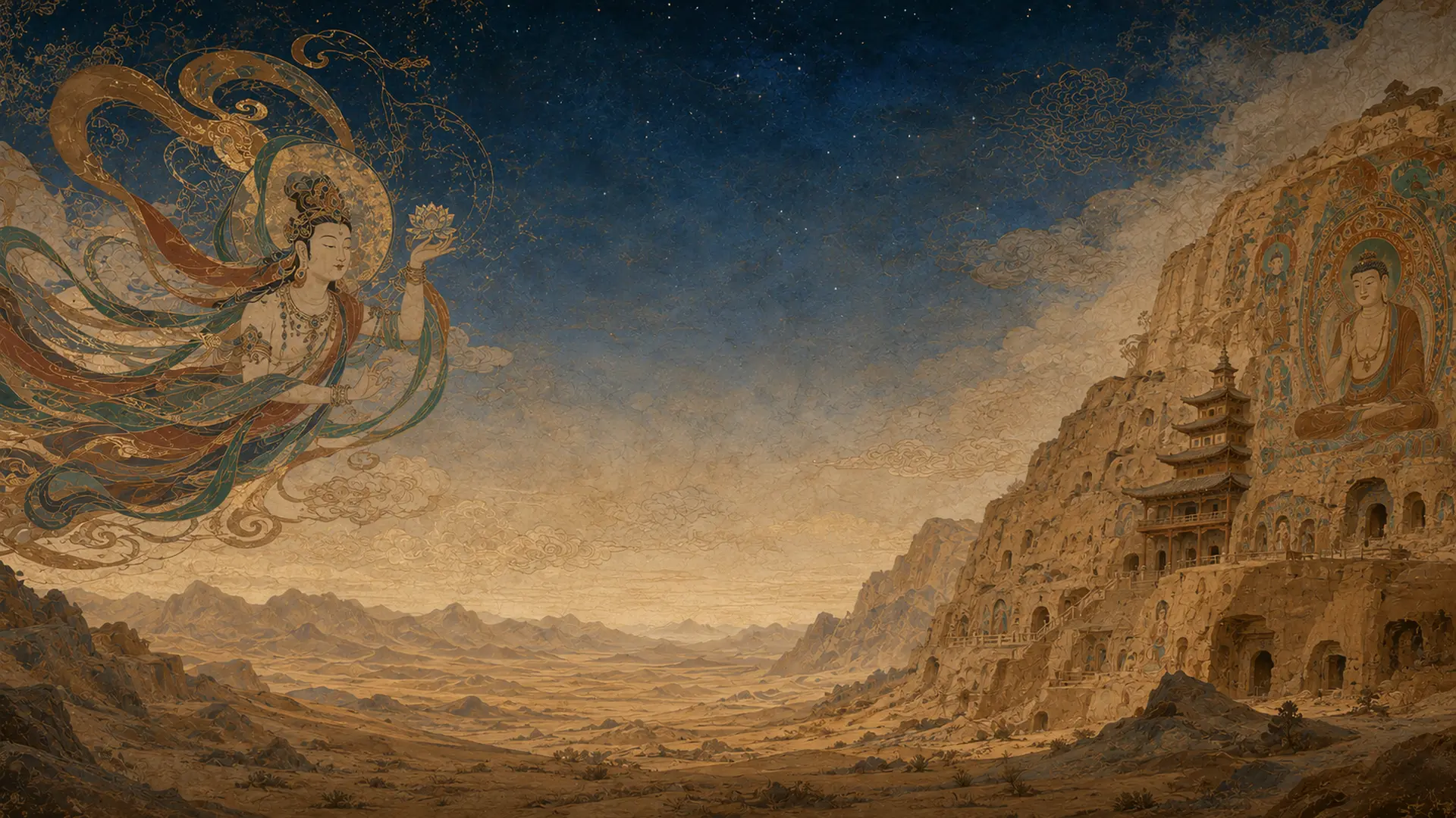 Dunhuang-inspired mural landscape and ancient Silk Roads scenery