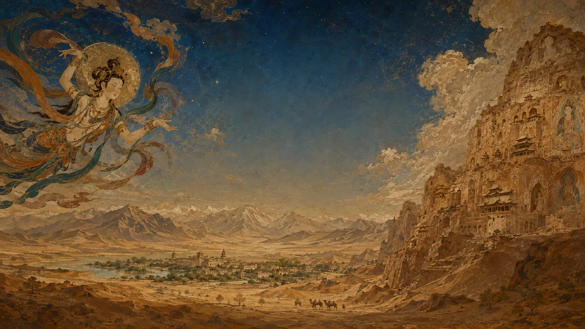 Dunhuang-inspired Silk Roads landscape with travelers, mountains, and oasis architecture
