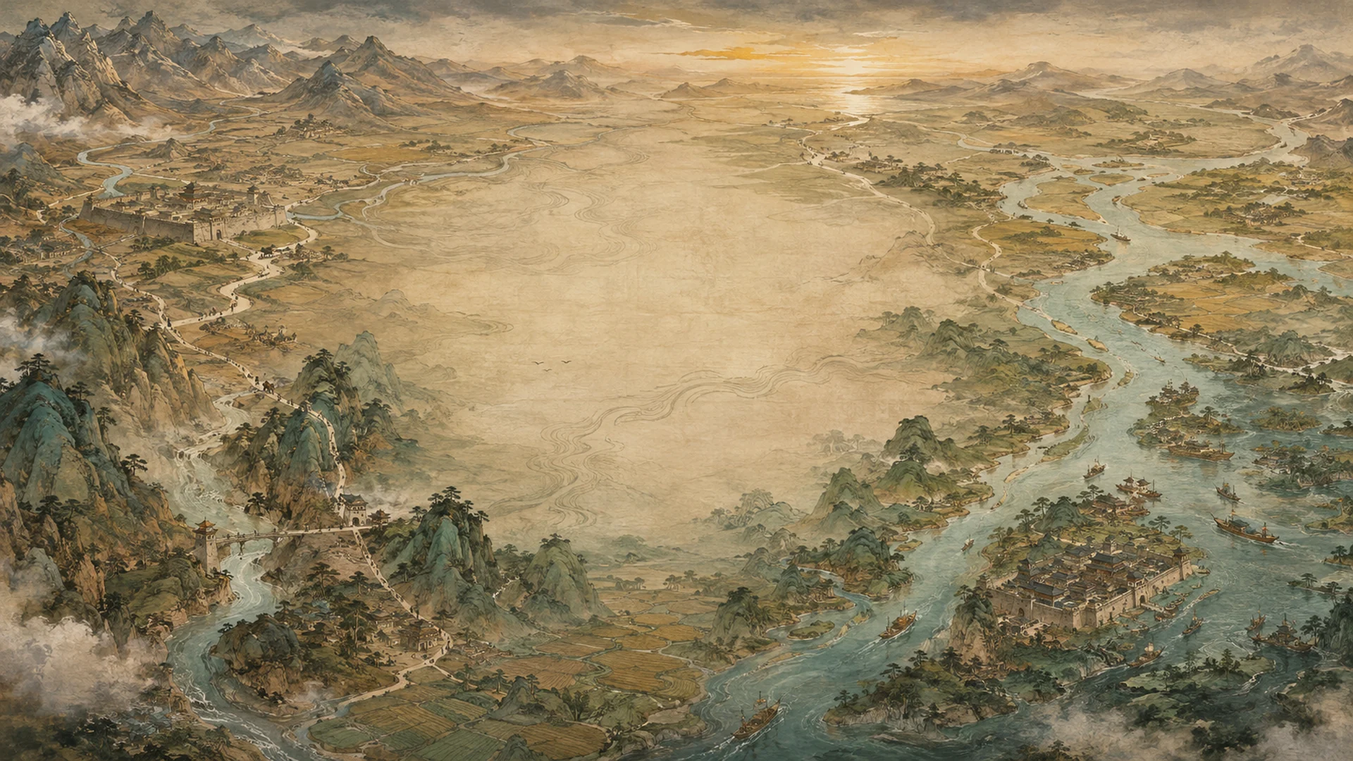 Mountain and river landscape with an archival map evoking the Three Kingdoms period